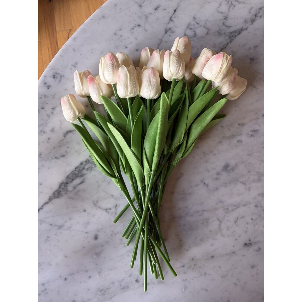 Artificial Tulip Flower Bundle Fabric Petals White Pink Decorative Stems